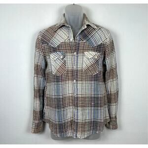 Vintage 70s GAP Plaid Sawtooth Flap Pockets Gauzy Hippie Western Cowboy Shirt S